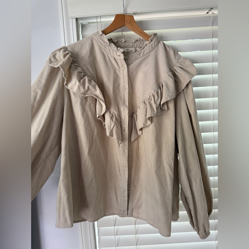 H&M Beige Ruffle Button-Up blouse, corduroy material